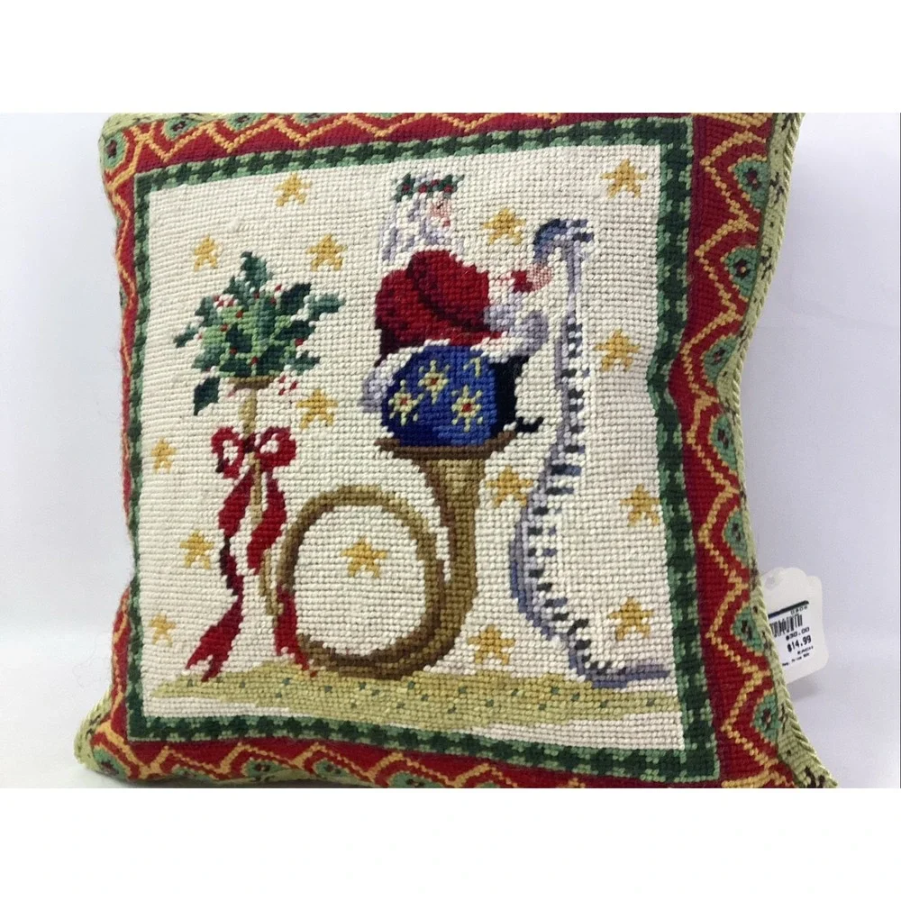 Wool Needlepoint Santa Pillow Velvet Back Square With Border 13.5